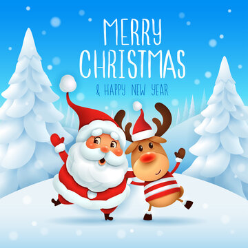 Merry Christmas! Santa Claus and Reindeer arm over shoulder. Vector illustration of Christmas character on snow scene.