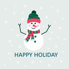 Merry Christmas cute greeting card with snowman and snowflakes for happy new year presents. Scandinavian style of posters for invitation, children room, nursery decor, interior design