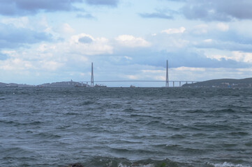 Japanese sea and Russkiy bridge view in Vladivostok