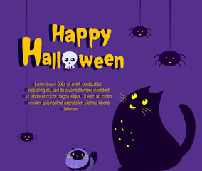 Happy Halloween Banner or Party Invitation.Purple Bright Greeting Card with Funny Cats,Spiders.Text Handwritten Calligraphy.Happy Halloween Celebration Holiday Poster.Flat Festival Vector Illustration