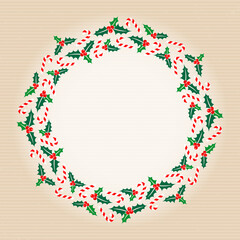 Weihnachtskranz Stechpalme Zuckerstangen Kraftpapier Hellbraun