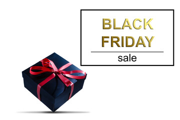 Black Friday Super Sale. Shelf and podium with realistic black gifts boxes with gold bows. Dark background golden text lettering in bright glowing neon frame