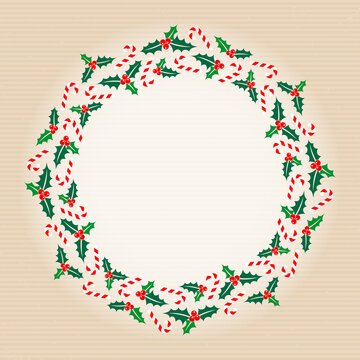 Weihnachtskranz Stechpalme Zuckerstangen Kraftpapier Hellbraun