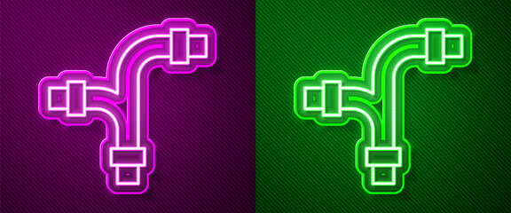 Glowing neon line Industry metallic pipe icon isolated on purple and green background. Plumbing pipeline parts of different shapes. Vector.