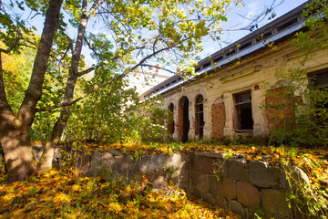 Obraz premium Old ruined historical house in golden autumn fall park