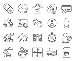 Business icons set. Included icon as Transport insurance, Change card, Travel compass signs. 5g internet, Time management, 24 hours symbols. Seo certificate, Capsule pill, Puzzle. Refresh. Vector