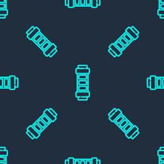 Green line Battery charge level indicator icon isolated seamless pattern on blue background. Vector.