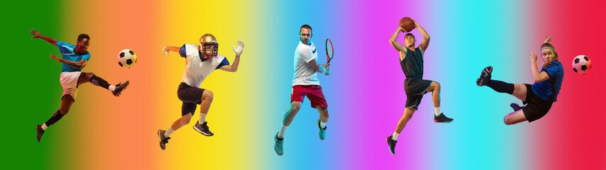 Flying, jumping. Sport collage of professional athletes on gradient multicolored background, flyer. Concept of motion, action, power, healthy, active lifestyle. Football, soccer, basketball and tennis