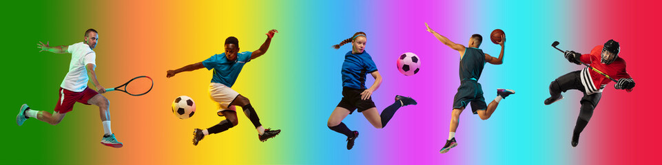 Fototapeta na wymiar Jumping high. Sport collage of professional athletes on gradient multicolored neoned background, flyer. Concept of motion, action, power, active lifestyle. Tennis, football, soccer, basketball, hockey