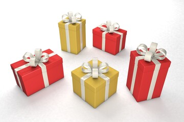 Red and yellow boxes with gifts on a white background. A set of surprises for the holiday. 3d render.
