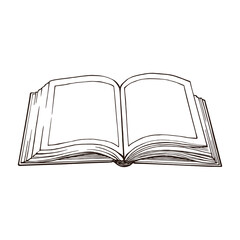 Open book, hand drawn outline. Drawn with pen and ink and converted to vector image. Isolated on white background.