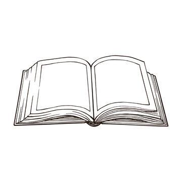 Open book, hand drawn outline. Drawn with pen and ink and converted to vector image. Isolated on white background.