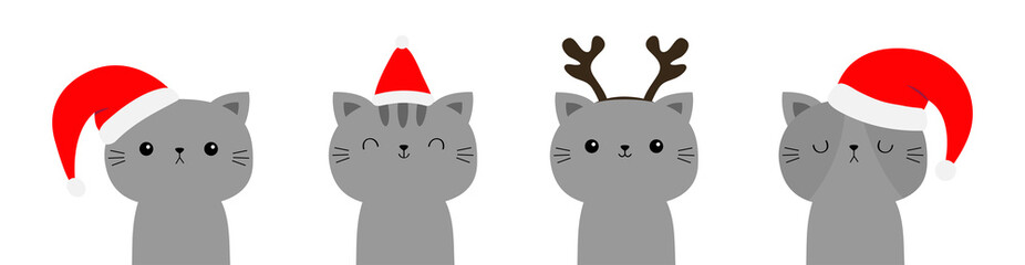 Cat set. Merry Christmas. Cute cartoon funny character. Gray face icon in red santa hat. Line banner. Funny kawaii baby animal. Kitten kitty. Pet collection. Flat design. White background.