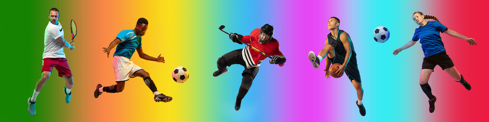 High flying. Sport collage of professional athletes on gradient multicolored neoned background, flyer. Concept of motion, action, power, active lifestyle. Tennis, football, hockey, basketball, soccer