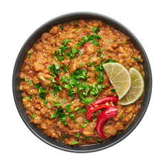 Fototapeta premium Baingan Bharta or Roasted Mashed Eggplant in black bowl isolated on white background. Bhurta is indian cuisine puree dish of fire roasted eggplant and masala. Top view