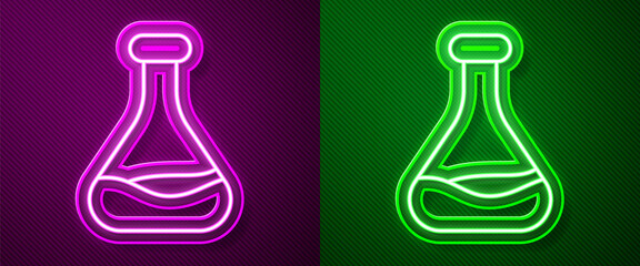 Glowing neon line Test tube and flask icon isolated on purple and green background. Chemical laboratory test. Laboratory glassware. Vector.