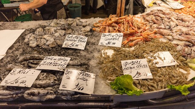 Fish market in Venice (Venezia), Italy; close up of sepie, octopus, shrimps, gamberi, scampi