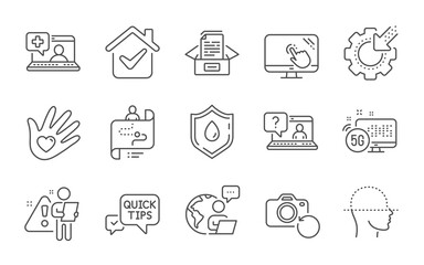 Social responsibility, Quick tips and 5g internet line icons set. Documents box, Recovery photo and Medical help signs. Face scanning, Blood donation and Journey path symbols. Line icons set. Vector
