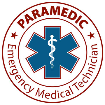 Paramedic Emergency Medical Technician text and Star of Life EMT symbol rubber stamp icon isolated on white background. Emergency Medical service emblem.