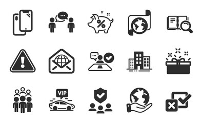 Checkbox, Search book and Smartphone icons simple set. Translation service, Loan percent and Consulting business signs. Job interview, Web mail and Group people symbols. Flat icons set. Vector