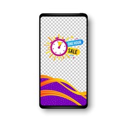 One hour sale banner. Phone mockup vector banner. Discount sticker shape. Special offer timer icon. Social story post template. One hour badge. Cell phone frame. Liquid modern background. Vector