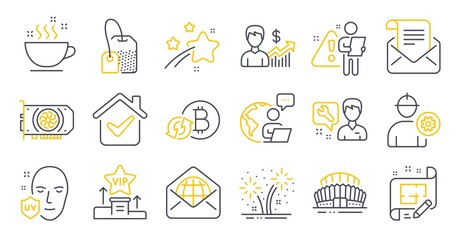 Set of line icons, such as Fireworks, Refresh bitcoin, Web mail symbols. Mail newsletter, Engineer, Tea bag signs. Uv protection, Business growth, Sports stadium. Architect plan, Gpu. Vector