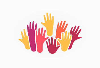 Colorful up hands. Charity teamwork vector concept illustration