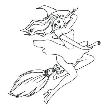 Young beautiful witch. Funny witch. Witch. Vector illustration of a witch on a broomstick in outline style. Black and white drawing. Image of a witch.