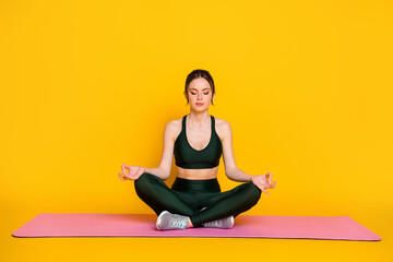 Portrait of attractive thin sportive calm tranquil girl doing yoga class meditation isolated on...