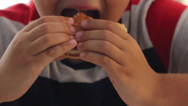 Child taking a bite of burger. Kid eating hamburger. High quality FullHD footage