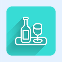 White line Wine bottle with glass icon isolated with long shadow. Green square button. Vector.