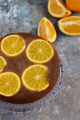 Fototapeta na wymiar Orange chocolate upside down cake. Gluten free baking