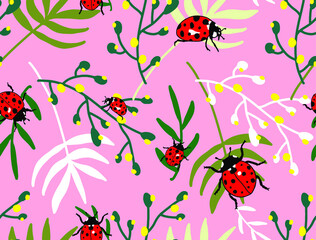 Abstract Hand Drawing Tropical Exotic Leaves and Branches with Ladybugs Repeating Vector Pattern Isolated Background