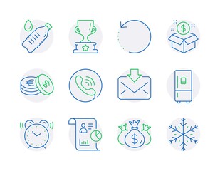 Business icons set. Included icon as Alarm clock, Recovery data, Incoming mail signs. Check investment, Call center, Winner cup symbols. Water bottle, Refrigerator, Savings. Report. Vector