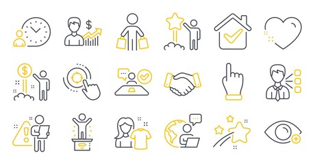 Set of People icons, such as Business growth, Clean shirt, Income money symbols. Seo target, Employees handshake, Click hand signs. Time management, Buyer, Third party. Farsightedness. Vector