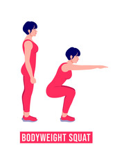 Fototapeta na wymiar BODYWEIGHT SQUAT exercise, Woman workout fitness, aerobic and exercises. Vector Illustration.