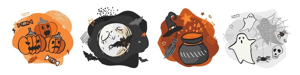 Set of compositions for the Halloween.  Collection of scary symbols of the moon, bats, pumpkins, ghosts, spiders, brooms, hats isolated on white. Kit of holiday stickers. Cartoon vector illustration.