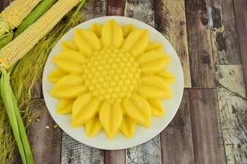 Homemade Corn Agar Agar Pudding with Flower Shape. Vegan Dessert