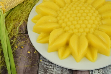 Homemade Corn Agar Agar Pudding with Flower Shape. Vegan Dessert
