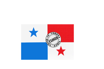 flag with text closed by covid 19 and corona stamp