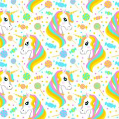 Cute wallpaper with rainbow unicorn and candy. seamless pattern. Vector illustration