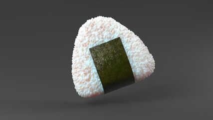 Onigiri rice ball wrapped in Nori seaweed on black background.
3D illustration.

