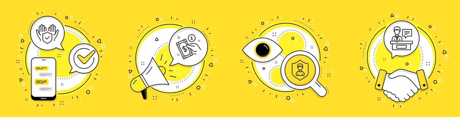Payment method, Security agency and Insurance hand line icons set. Cell phone, megaphone and deal vector icons. Exhibitors sign. Give money, People protection, Full coverage. Information desk. Vector