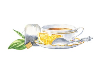 Watercolor tea cup with saucer, lemon and tea bag on white background. Watercolour food illustration.