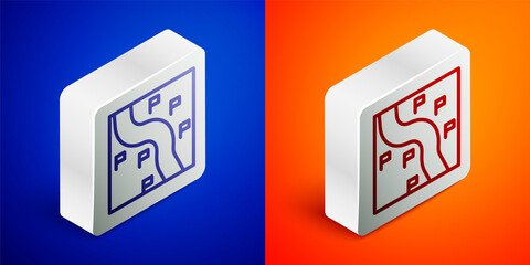 Isometric line Route location icon isolated on blue and orange background. Train line path of train road route with start point GPS and dash line. Silver square button. Vector.