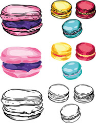 Set of macarons cookies in different colors. Color illustration and black and white line. Macaroons images for menus, flyers, banners, and covers.
