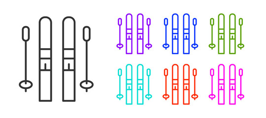 Black line Ski and sticks icon isolated on white background. Extreme sport. Skiing equipment. Winter sports icon. Set icons colorful. Vector.
