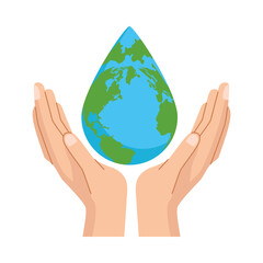 hands lifting earth planet with water drop shape