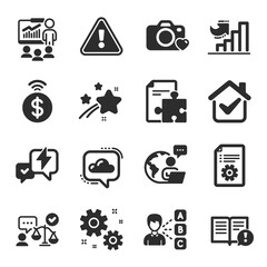 Fototapeta premium Set of Education icons, such as Contactless payment, Presentation, Opinion symbols. Work, Technical documentation, Lawyer signs. Lightning bolt, Photo camera, Facts. Growth chart, Strategy. Vector