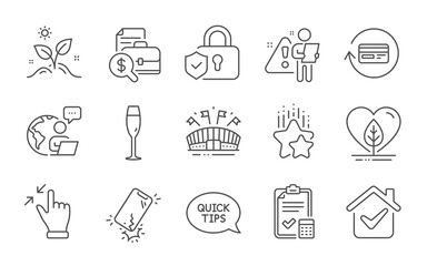 Touchscreen gesture, Accounting checklist and Champagne glass line icons set. Ranking stars, Grow plant and Accounting report signs. Line icons set. Vector